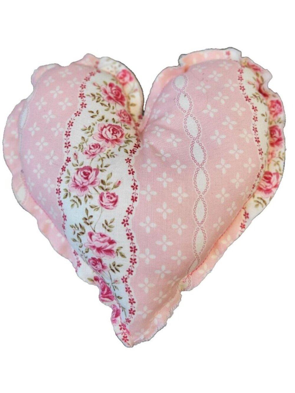 Cotton Ticking Mini Heart Pillow Sachet Floral Peach Pink White 7x7in Handmade